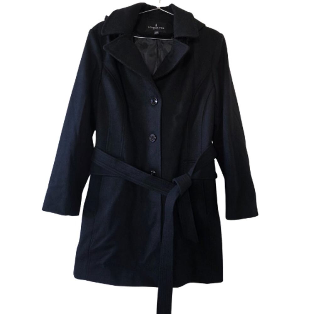 London Fog Black Wool Blend Coat Women Size XL Belted Hooded Long Winter